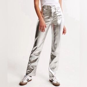 Abercrombie & Fitch ‘90s relaxed high rise metallic silver faux leather pants 26